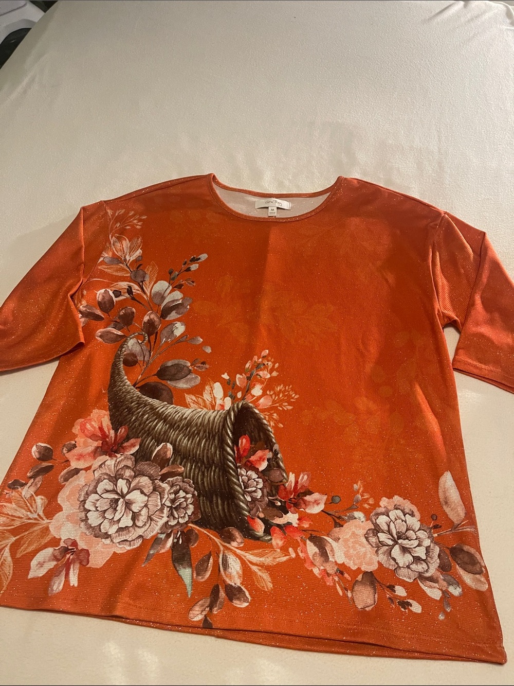 Coral Bay Orange Sparkle Threads Floral Cornucopia 3/4 Sleeve TopThanksgiving